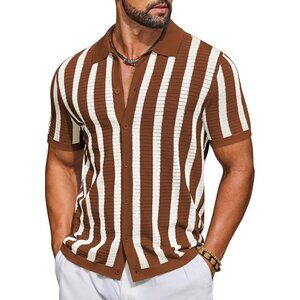 Men's Caramel&Beige Knit Shirts Short Sleeve Button Shirts Striped Casual Summer